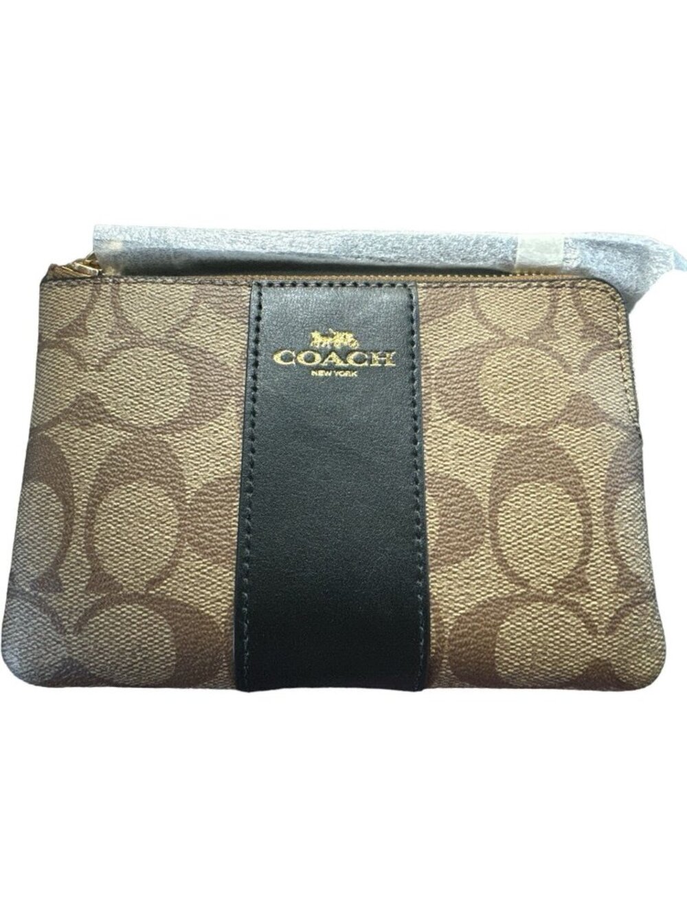 Coach Corner Zip Wristlet Signature Canvas Khaki Black